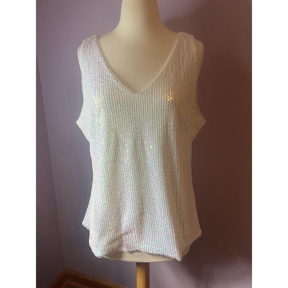 Grace Karin White Sequin‎ Mesh V Neck Tank Sleeveless Blouse Top Size XL